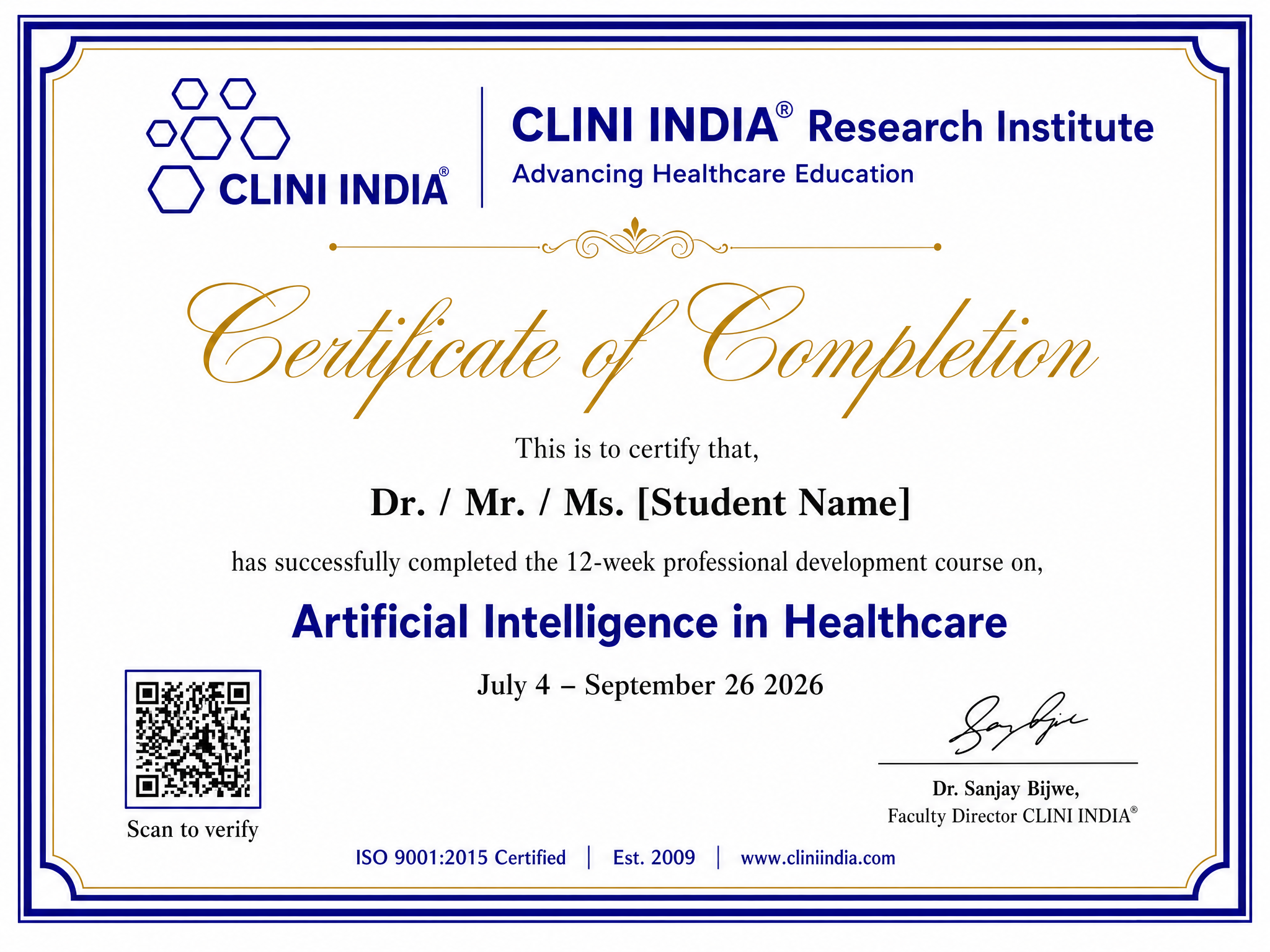 CLINI INDIA® Certificate of Completion — Artificial Intelligence in Healthcare